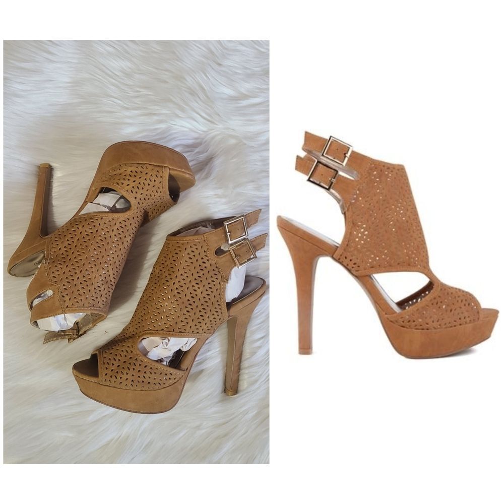 Tan Perforated Peep Toe High Heels, 8